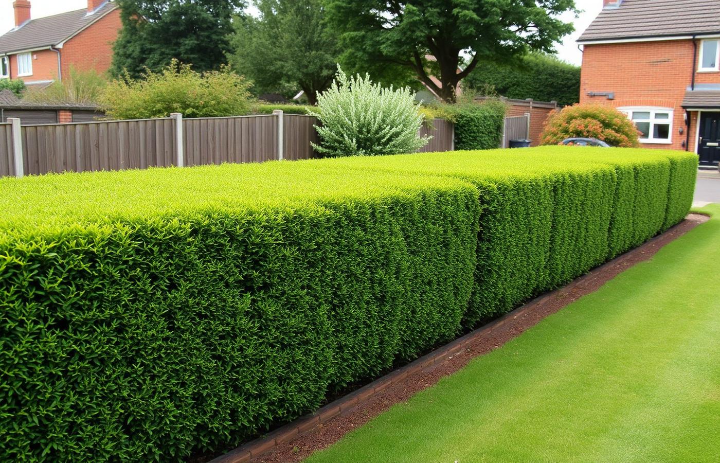 The same hedge after professional cutting with a flat top and straight sides