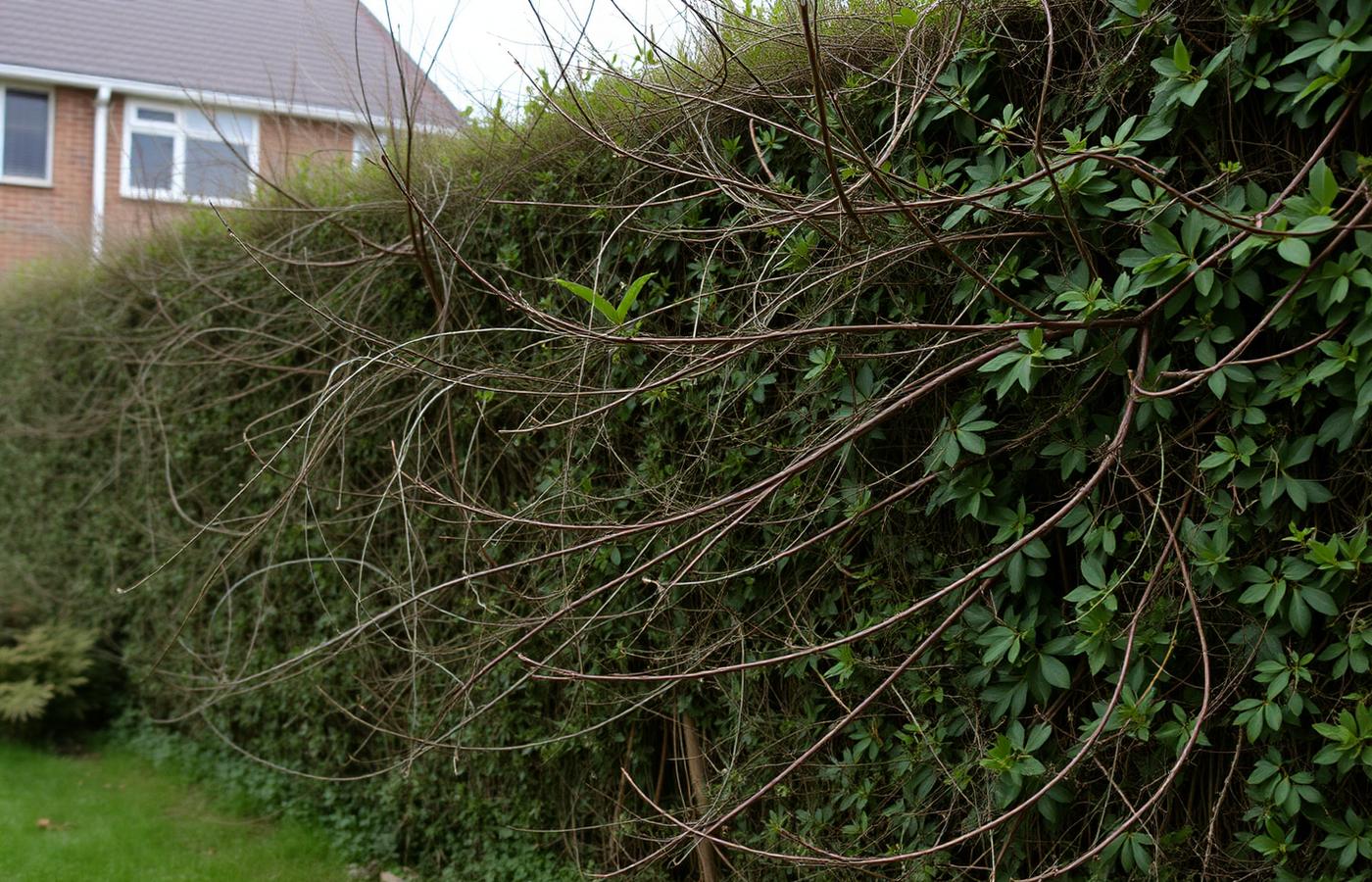 Overgrown hedge with straggly branches before trimming